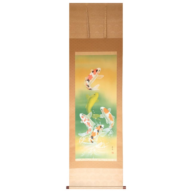 "Dancing Carps" by Akimitsu Sataka, Japanese Silk Scroll Painting in Original Wooden Case For Sale - Image 18 of 18