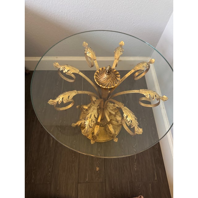 Vintage Hollywood Regency Gilt Metal Flower Leaf and Glass Side Table For Sale - Image 4 of 12