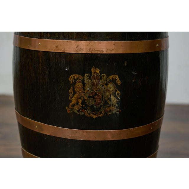 English Wooden Barrel, Copper Braces, Royal Coat of Arms Transfer, Circa 1900 For Sale In Atlanta - Image 6 of 12