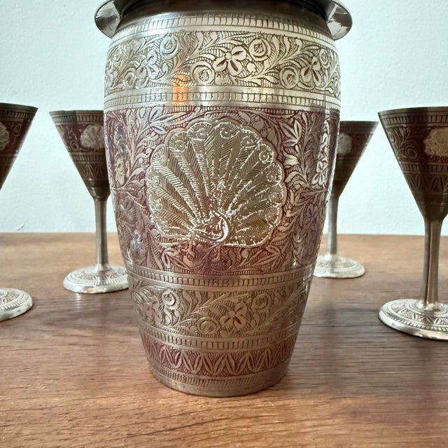 Vintage Asian Silver Plated Etched Brass Cocktail Shaker & Cordial Set- 7 Pieces For Sale - Image 4 of 9