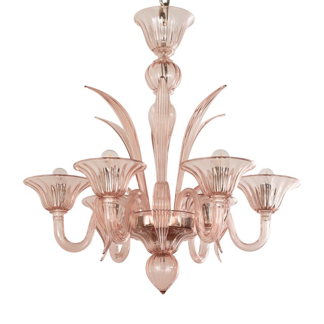 Handmade Cipria Pink Murano Glass Six-Light Chandelier, Italy, 1980s For Sale