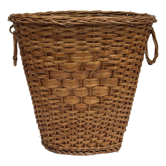 Vintage Handwoven Split Reed and Wicker Waste Basket For Sale
