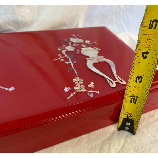 Mid 20th Century Korean Red Lacquer Smoking Box With Mother-of-Pearl Inlay – Complete Set For Sale - Image 11 of 11