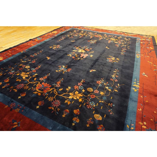 Captivating Navy Bakcground Color With Vibrant Burst of Floral Antique Chinese Art Deco Rug For Sale In New York - Image 6 of 11