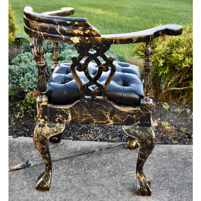 Black Vtg. Corner Chair Black Lacquer Gilt Chippendale Roundabout For Sale - Image 8 of 16