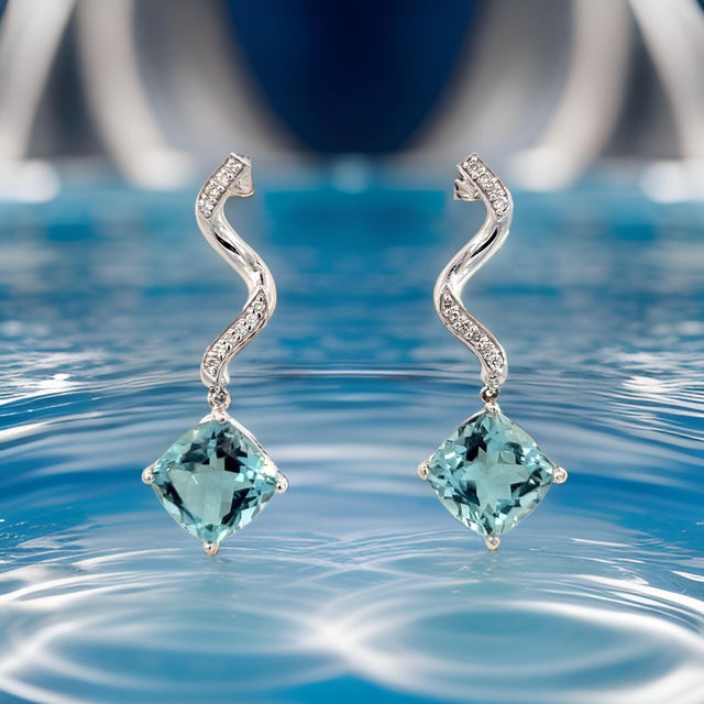 Natural Aquamarine Diamond Earrings 14k Gold 8.15 TCW Certified For Sale - Image 4 of 13