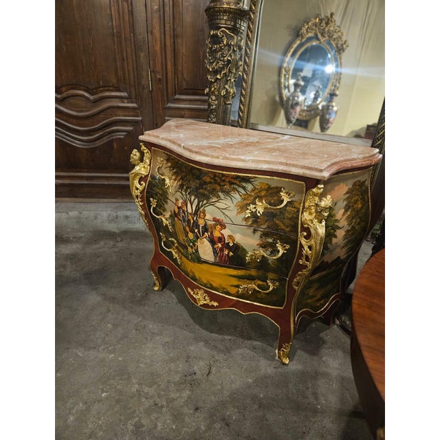 Vintage Louis XV Bombe Chest - Hand-Painted French Marble Top Dresser For Sale - Image 4 of 4