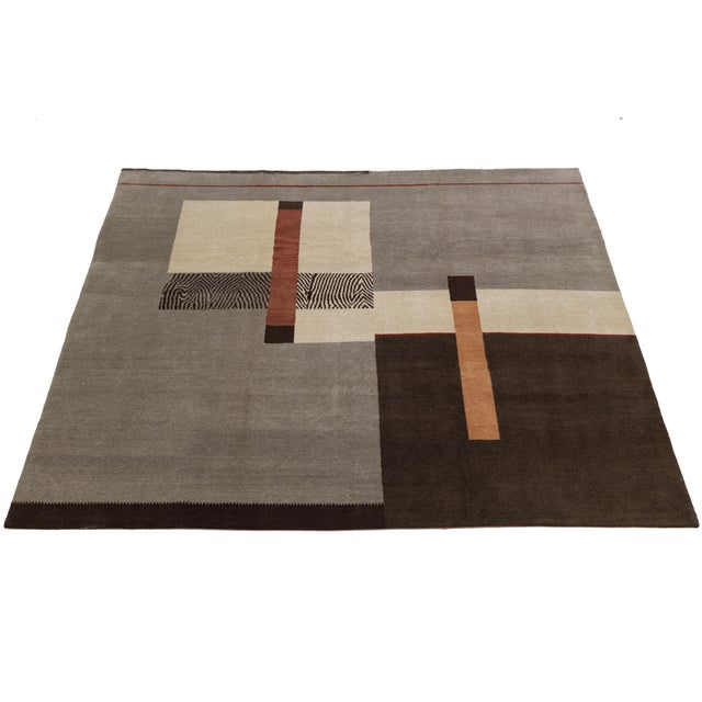 Gray Tibetan Hand-Knotted Wool & Silk Rug Abstract Modern Geometric in Gray and Brown For Sale - Image 8 of 10