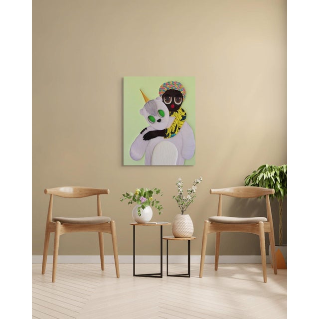 Contemporary Plushie VII by Ayobola Kekere-Ekun | Mixed media Portrait of a person with a plush bear For Sale - Image 3 of 5