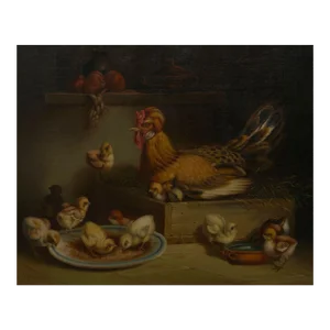“Hen and Chicks” (1867) Antique Oil Painting by Andrea Cherubini (Italian, 1833-1905)