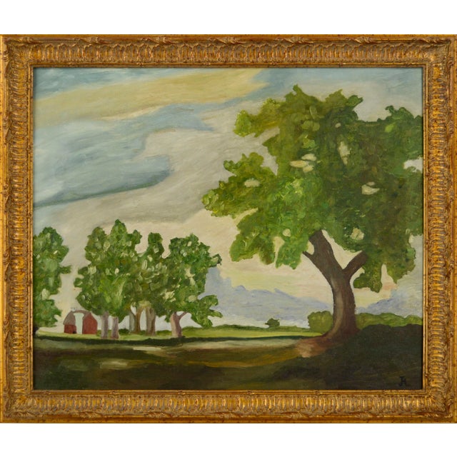 Green 850 Oak Trees With Red Barn, Mid-Century Pastoral Summer Landscape For Sale - Image 8 of 8