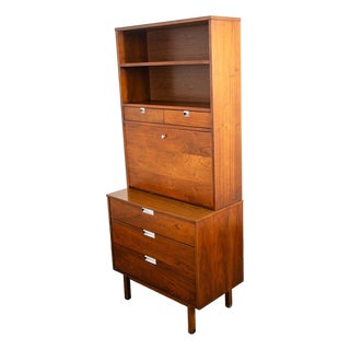 Mid Century Modern China Cabinet Hutch Bassett Walnut Drop Desk Vintage Drawers For Sale