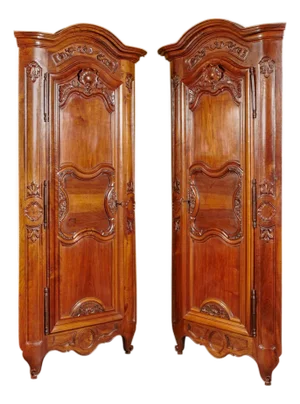 Pair of French Louis XV Walnut Corner Cabinets With 18th Century Carved Doors