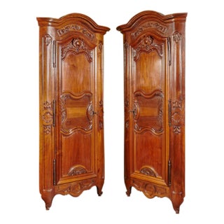 Pair of French Louis XV Walnut Corner Cabinets With 18th Century Doors For Sale