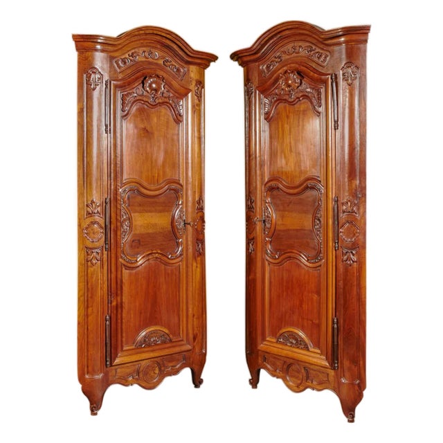 Pair of French Louis XV Walnut Corner Cabinets With 18th Century Doors For Sale