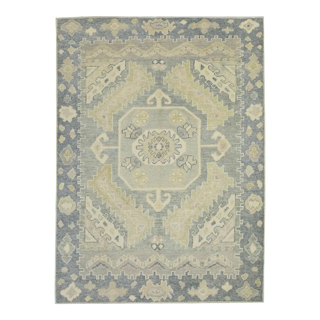 Early 21st Century Green & Gray Geometric Design Handwoven Wool Turkish Oushak Rug 4'9" X 6'1" For Sale