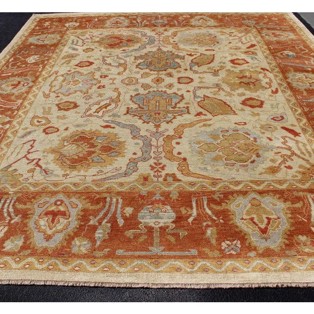 Early 21st Century Large Square Shaped Turkish Angora Oushak Rug in Orange Ivory and Multi Colors For Sale - Image 5 of 13
