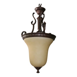 Beige Opaque Glass & Bronze Metal Scrolled Detail Large Pendant Light Fixture For Sale