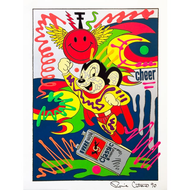 Unique hand embellished with acrylic paint and silver marker on serigraph. Hand signed and dated by Ronnie Cutrone....