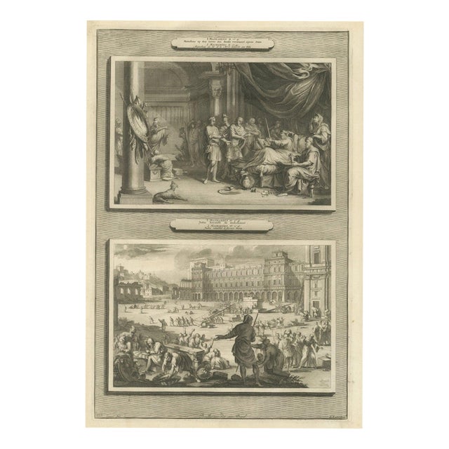 Pieter Mortier, Dying Mattathias and Judas Maccabeus Restores the Temple, 1700, Engraving For Sale