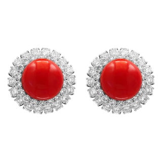 35 Carat Natural Coral and 12 Carat DeBeers Diamond Cocktail Earring in Platinum For Sale