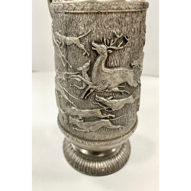 Gray Vintage Pewter Embossed Hunting Scene Lidded Pitcher For Sale - Image 8 of 11