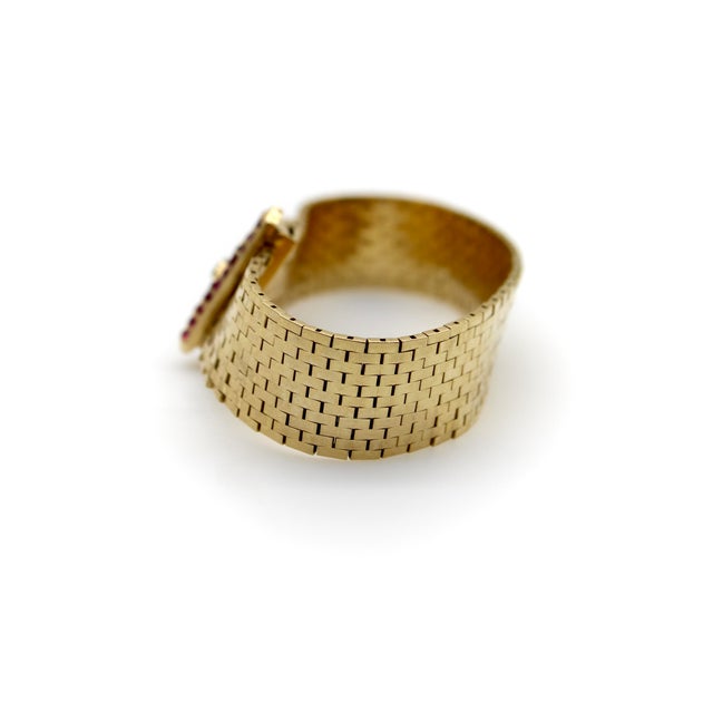 1940s 1940s Retro 14k Gold Ruby and Diamond Buckle Bracelet With Brick Link For Sale - Image 5 of 13
