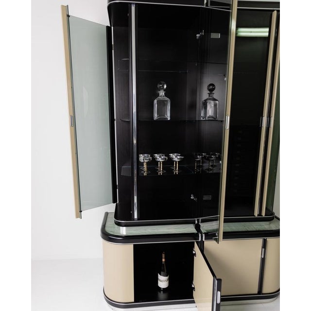 Vintage Art Deco Style Bar Cabinet in Lacquered Wood, Green Marble, Aluminium and Curved Smoked Glass, 1950s For Sale - Image 4 of 17