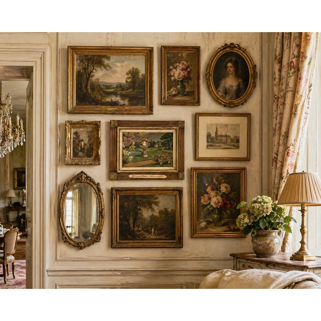 Antique French Château Garden Oil Painting in Handcrafted Folk Art Frame For Sale - Image 16 of 16