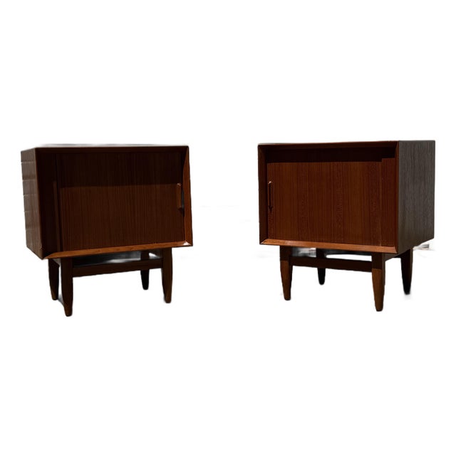 Pair of Danish Modern Sven Age Madsen Tambour Door Teak Nightstands For Sale