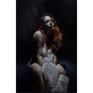 In The Room Where You Sleep by Daire Lynch | Acrylic, gold leaf oil on canvas of a woman seated in shadow. For Sale