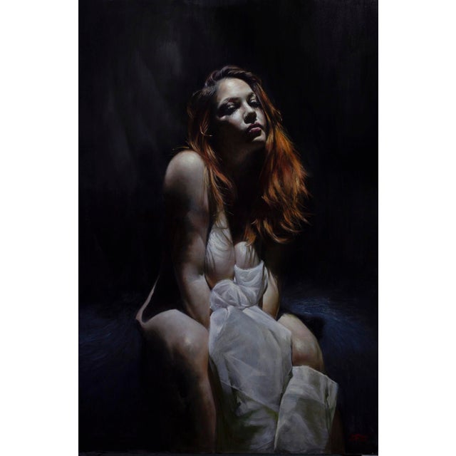 In The Room Where You Sleep by Daire Lynch | Acrylic, gold leaf oil on canvas of a woman seated in shadow. For Sale