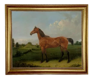 "Bay Horse in a Field" Contemporary Reproduction Print on Canvas, Framed 19-1/2" X 23-1/2"