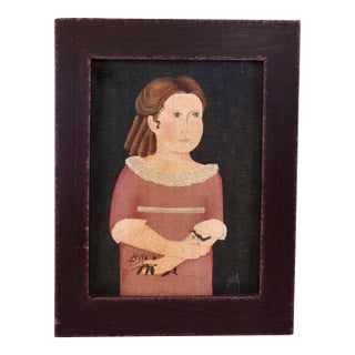 Late 20th Century Framed Early American Primitive Style Child Portrait Reproduction – "Girl With a Bird" After John Brewster Jr. For Sale