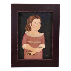 Late 20th Century Framed Early American Primitive Style Child Portrait Reproduction – "Girl With a Bird" After John Brewster Jr.