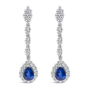 18K White Gold 1 3/5 Cttw Diamond and 7X5 MM Pear Shaped Blue Sapphire 1 1/3 Inch Drop and Dangle Ha