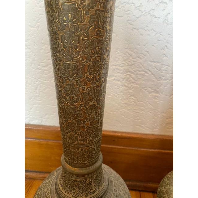 Large MidCentury Modern Etched Brass Table Lamps, India a Pair