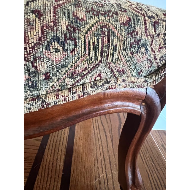 Burgundy Vintage Tapestry Footstool Ottoman With Cabriole Legs & Brass Casters For Sale - Image 8 of 9