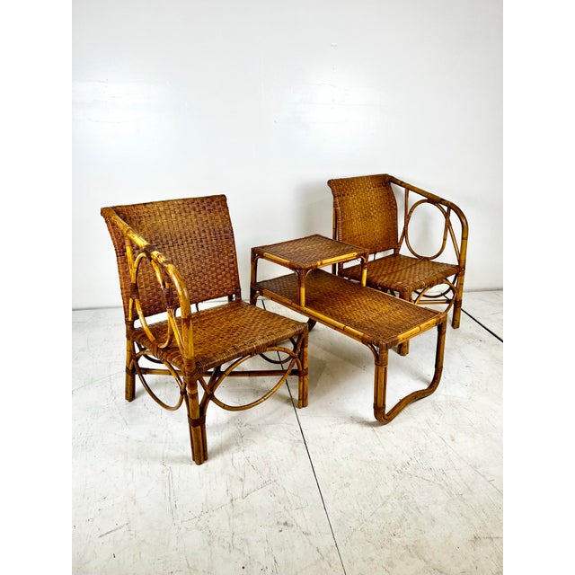 Mid-Century Modern Vintage Rattan Caning Sectional Chairs and Side Table- 3 Piece Set For Sale - Image 3 of 11