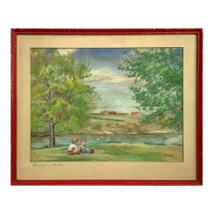 Dated 1954 Pastel Titled "Pinafore Park" in Original Red Fame