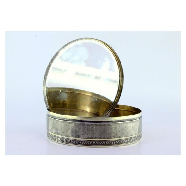 Jewelry Box in Guilloche Silver with Edge Friezes, Golden Interior with Mirror and Figurative Lady Lid For Sale - Image 6 of 8