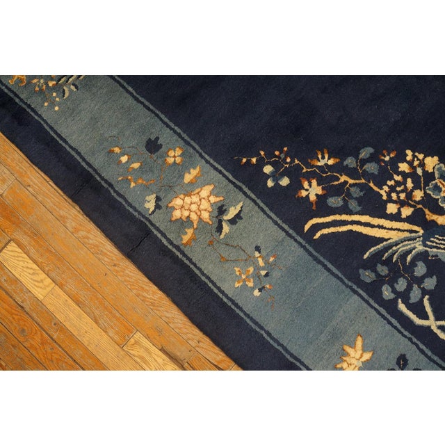 Radiant Navy Blue Color With Beautiful Florid Design Antique Chinese Peking Rug For Sale - Image 11 of 12