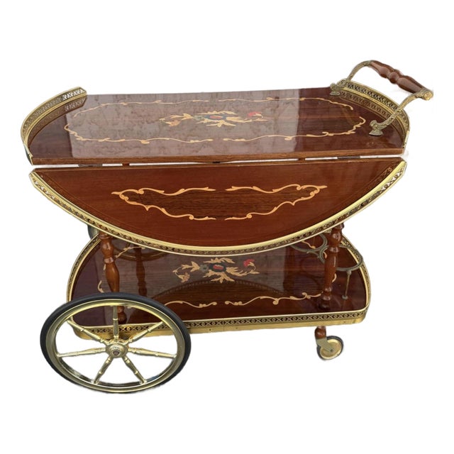 Vintage Wood Inlay Bar Cart Brass For Sale