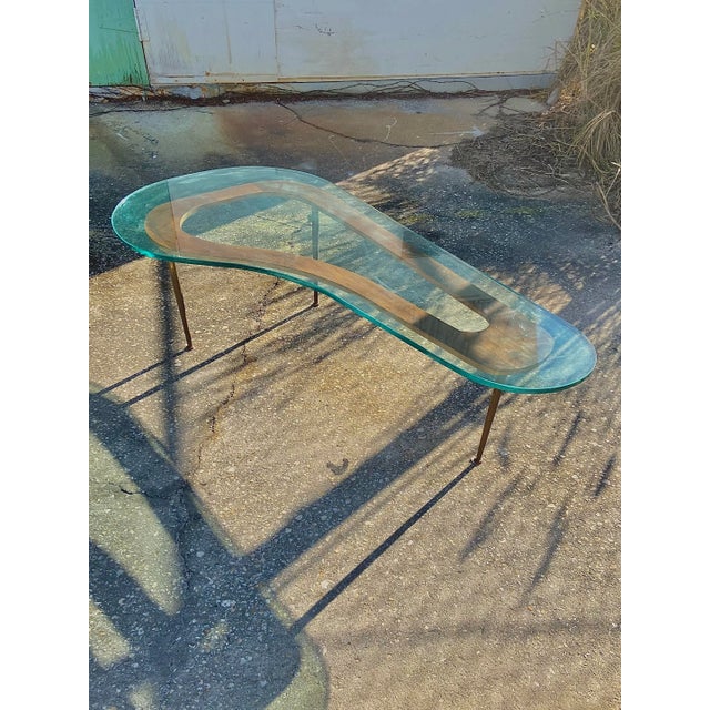 Brass Rare Boomerang Coffee Table With Thick Glass Top + Tall Brass Legs | Mid Century Modern For Sale - Image 8 of 13