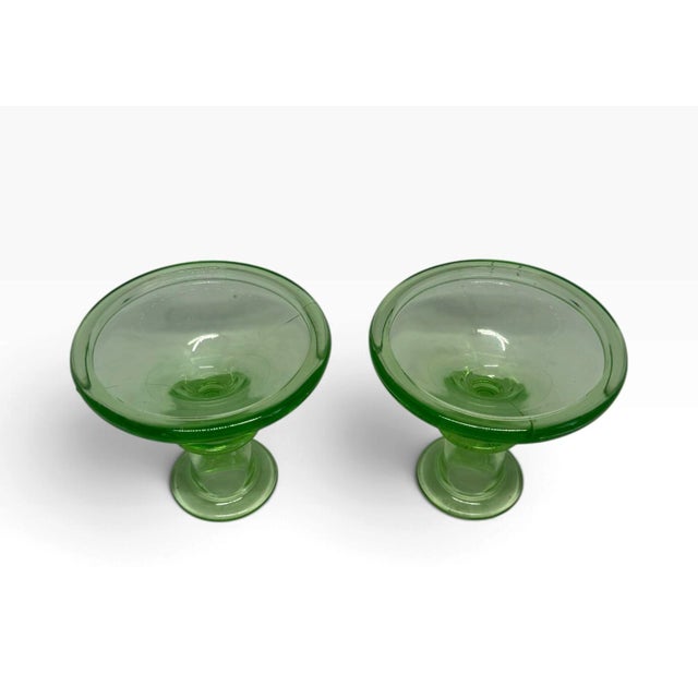 Vintage Green Uranium Glass Candlestick Holders Pair 1930s Depression Glass For Sale - Image 4 of 12