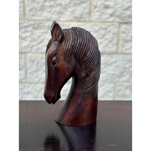 Wood Vintage Equestrian Horse Head Sculptures in Dark Carved Wood - A Pair For Sale - Image 7 of 12