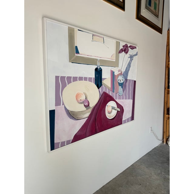 A striking 1993 vintage still life oil on canvas painting by artist S. Lewis, titled “Stripe Cloth.” This large-scale...