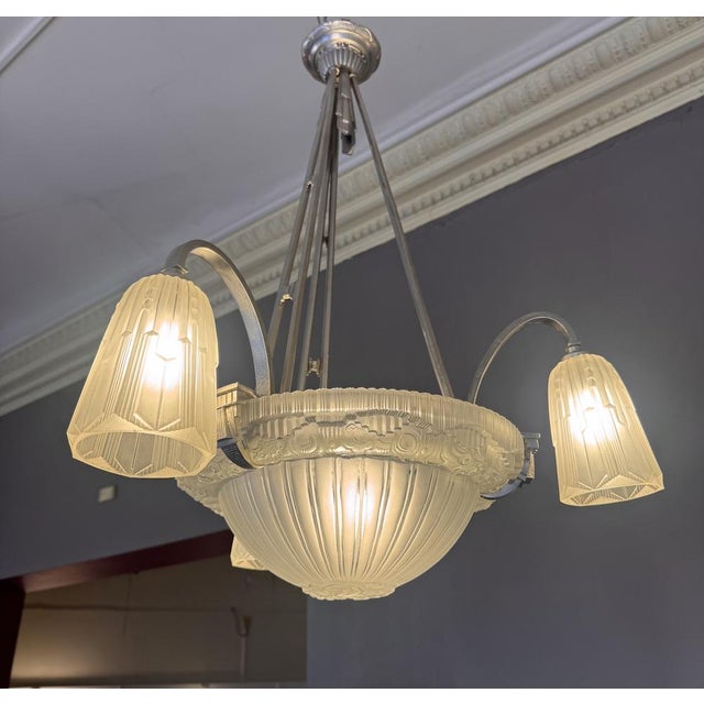 Art Deco Chandelier in Nickel-Plated Bronze by Georges Leleu Jehel, 1930 For Sale - Image 16 of 18