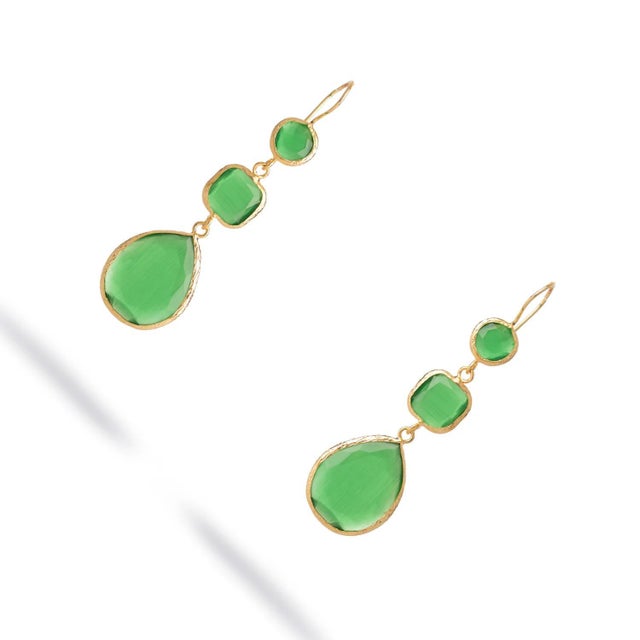 Contemporary Mystic Green Cat Eye Gold Dangle Earrings, A Pair For Sale - Image 3 of 8