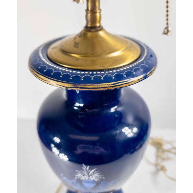 19th Century French or Bohemian Cobalt Blue Opaline Glass Lamp Vase With Neo-Classical Scene For Sale - Image 11 of 12